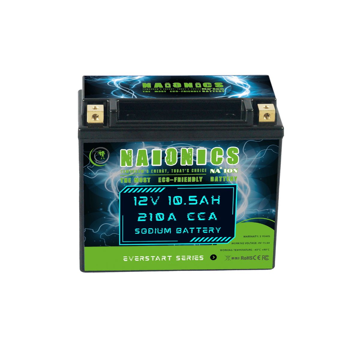 NAIONICS 12V 10.5Ah 210A CCA - Batteria al Sodio Avviamento Moto EverStart Series NAM12N12